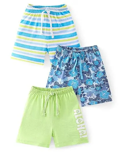 Babyhug Cotton Single Jersey Knit Shorts Stripes & Floral Print Pack Of 3 - White Green & Blue