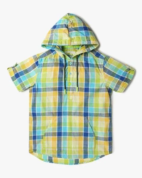 Boys Checked Slim Fit Hooded Shirt