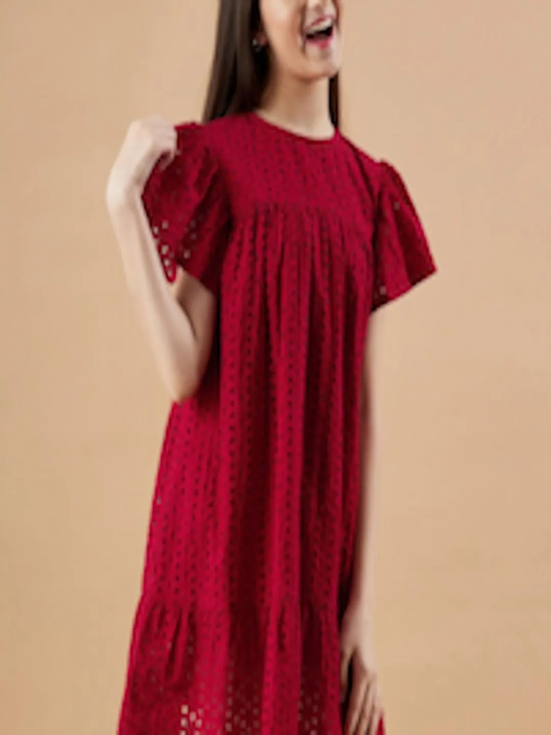 Maroon Round Neck Empire Dress
