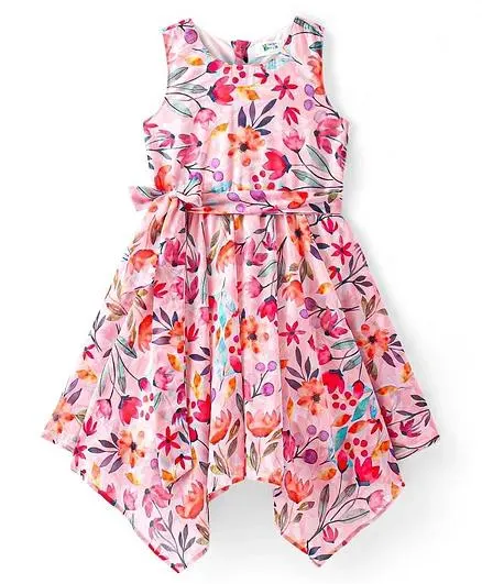 Hola Bonita Woven Sleeveless Frock With Handkerchief Hem Floral Print- Multicolor