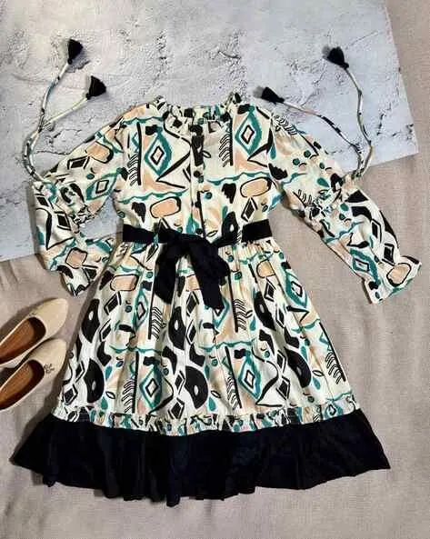 Girls Block Print Fit & Flare Dress