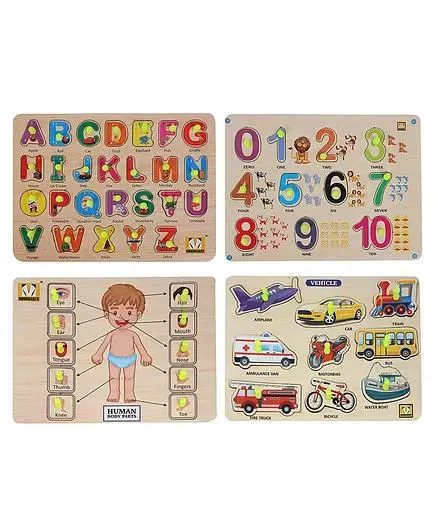 MINDMAKER Wooden Puzzle with Knobs Educational and Learning Toy for Kids (Alphabets+Numbers+Body Parts+Transport) - 53 Pieces