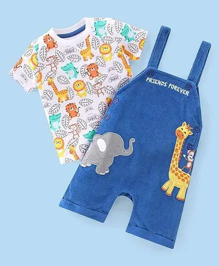 Babyhug Single Jersey Knit Dungaree with Half Sleeves T-Shirt Wild Animal Print - Blue & White
