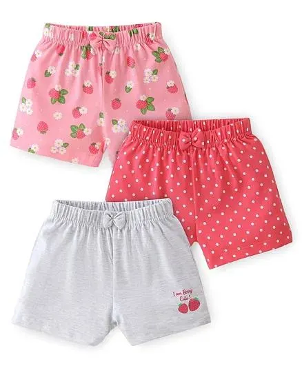 Babyhug Cotton Knit Polka Dots & Berries Printed Shorts Pack of 3 - Pink & Grey