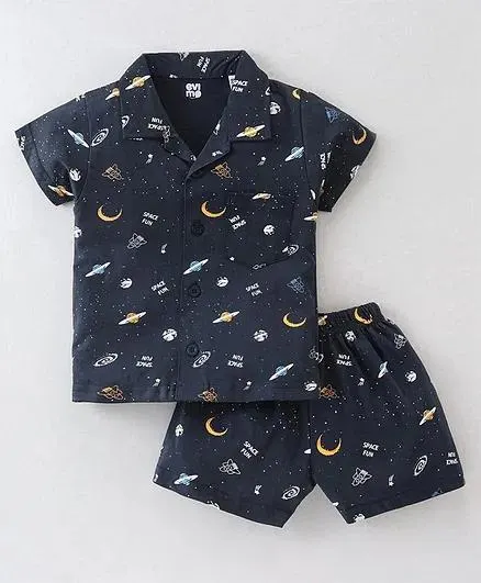 Evimo Single Jersey Half Sleeves Night Suit Space Theme - Navy Blue