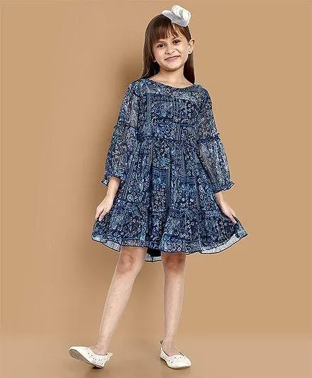Little Marine Three Fourth Sleeves Paisley Printed A Line Dress - Blue