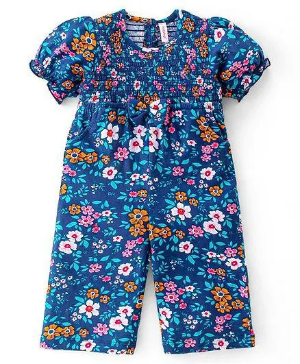 Babyhug Cotton Jersey Knit Half Sleeves Smocking Jumpsuit with Floral Print - Navy Blue
