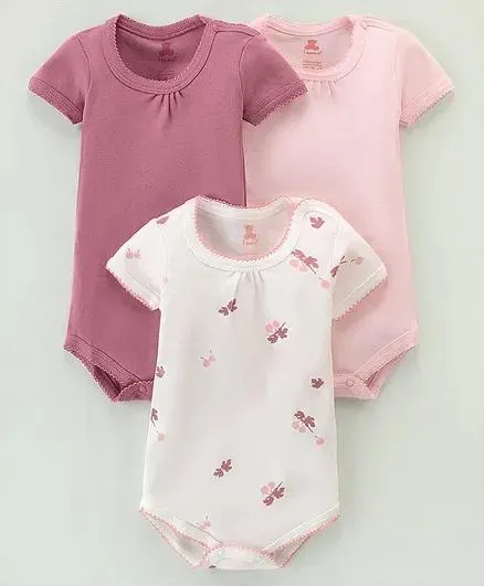 I Bears Cotton Knit Half Sleeves Onesies With Fruits Print Pack Of 3 - Pink & White
