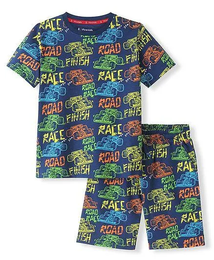 Pine Kids 100% Cotton Knit Single Jersey Half Sleeves Night Suit With Text Print - Navy Blue