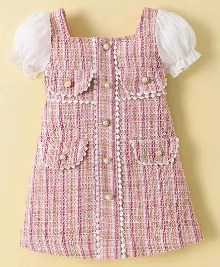 Mark & Mia Half Sleeves Checkered Party Frock with Button Detailing - Pink