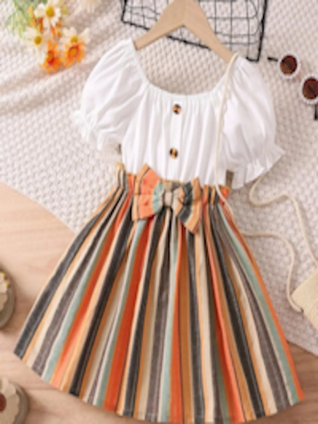 Girls Striped Puff Sleeve Fit & Flare Dress