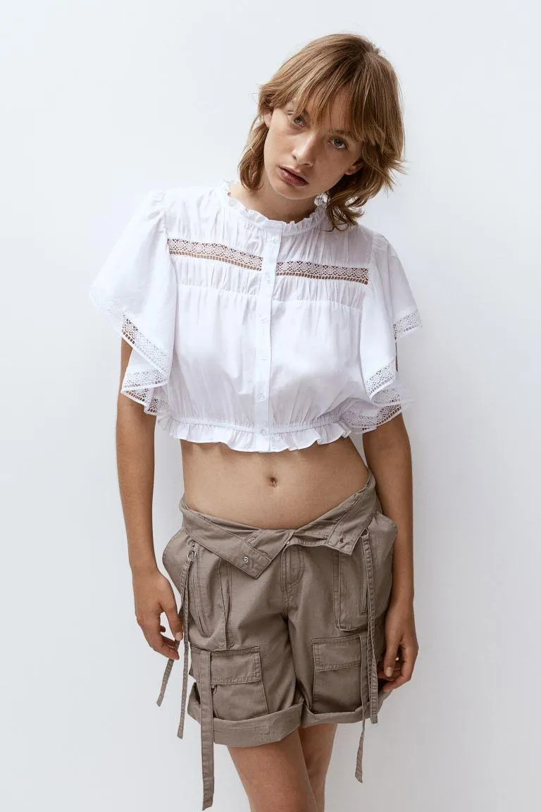 Lace-inset butterfly-sleeved blouse