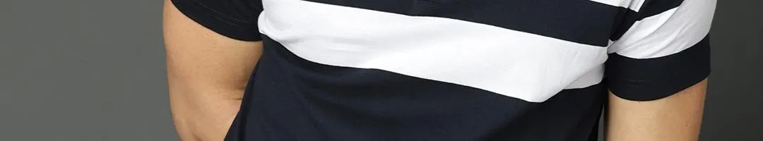 Men Navy Blue White Striped Henley Neck Pure Cotton T-shirt