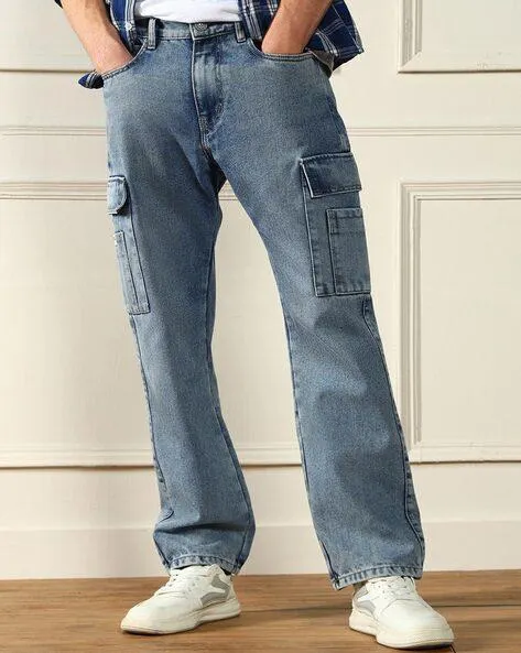 Men Acid Wash Relaxed Fit Cargo Jeans