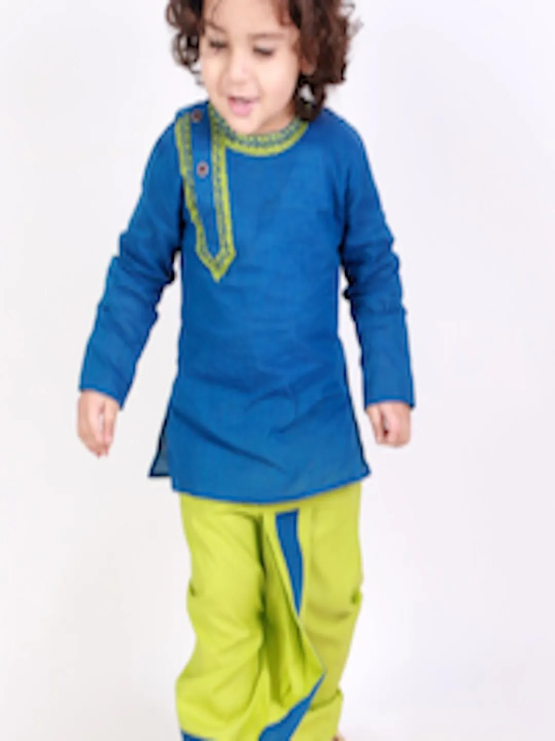 Boys Blue & Green Emroidered Pure Cotton Kurta with Dhoti Pants