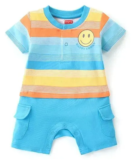 Babyhug 100% Cotton Knit Half Sleeves Romper With Striped Design - Multicolour