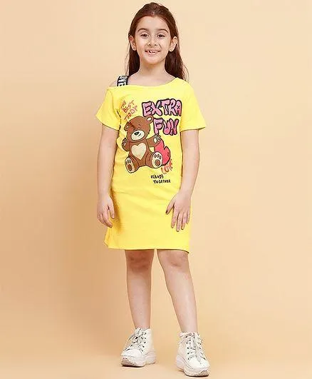 Little Marine Half Sleeves Teddy Bear Printed T-Shirt Dress - Yellow