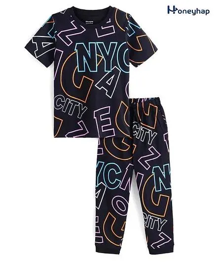 Honeyhap Premium 100% Cotton Knit Half Sleeves Night Suit With Bio Finish Text Print -Black