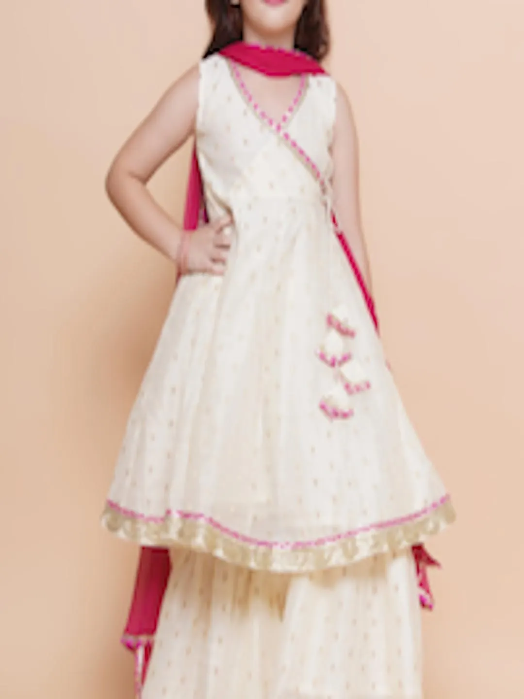 Girls Woven Design Angrakha Gotta Patti Kurta with Sharara & Dupatta