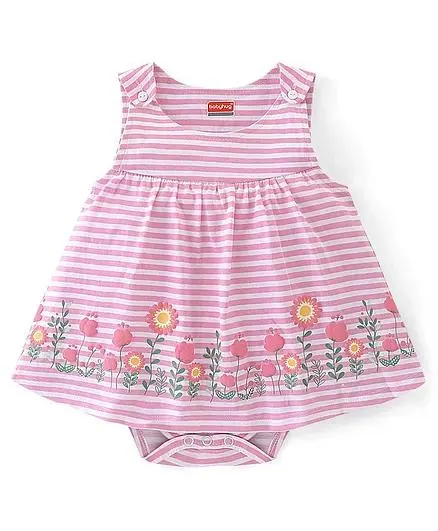 Babyhug 100% Cotton Knit Sleeveless Frock Style Onesie Striped & Floral Print - Pink