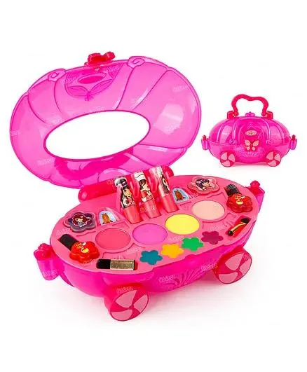 Fiddlerz Beauty Set Gift Toys For Girls Makeup Kit Car Set Washable Make Up For Kids Princess Cosmetic Real Beauty Set Role Play - Pink