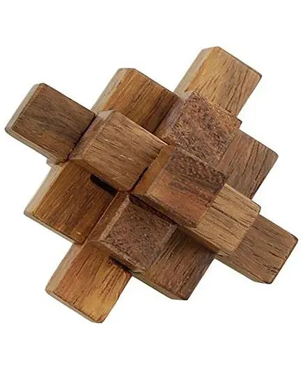Desi Kariga Handmade Wooden Crystal IQ Teaser Puzzle, 3D Magic Game Mini Cross For Children - Brown