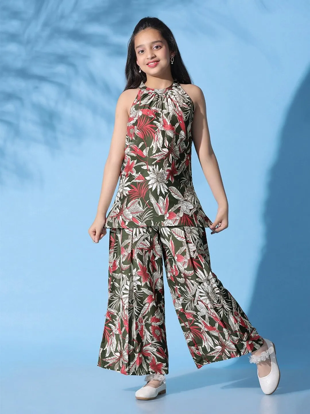 Girls Halter Neck Floral Printed Top with Palazzos