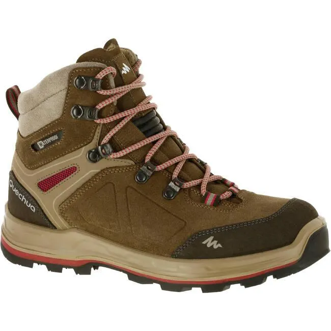 Women Waterproof Trekking Shoes Mid Ankle with Cross-Contact Grip Brown - MT100