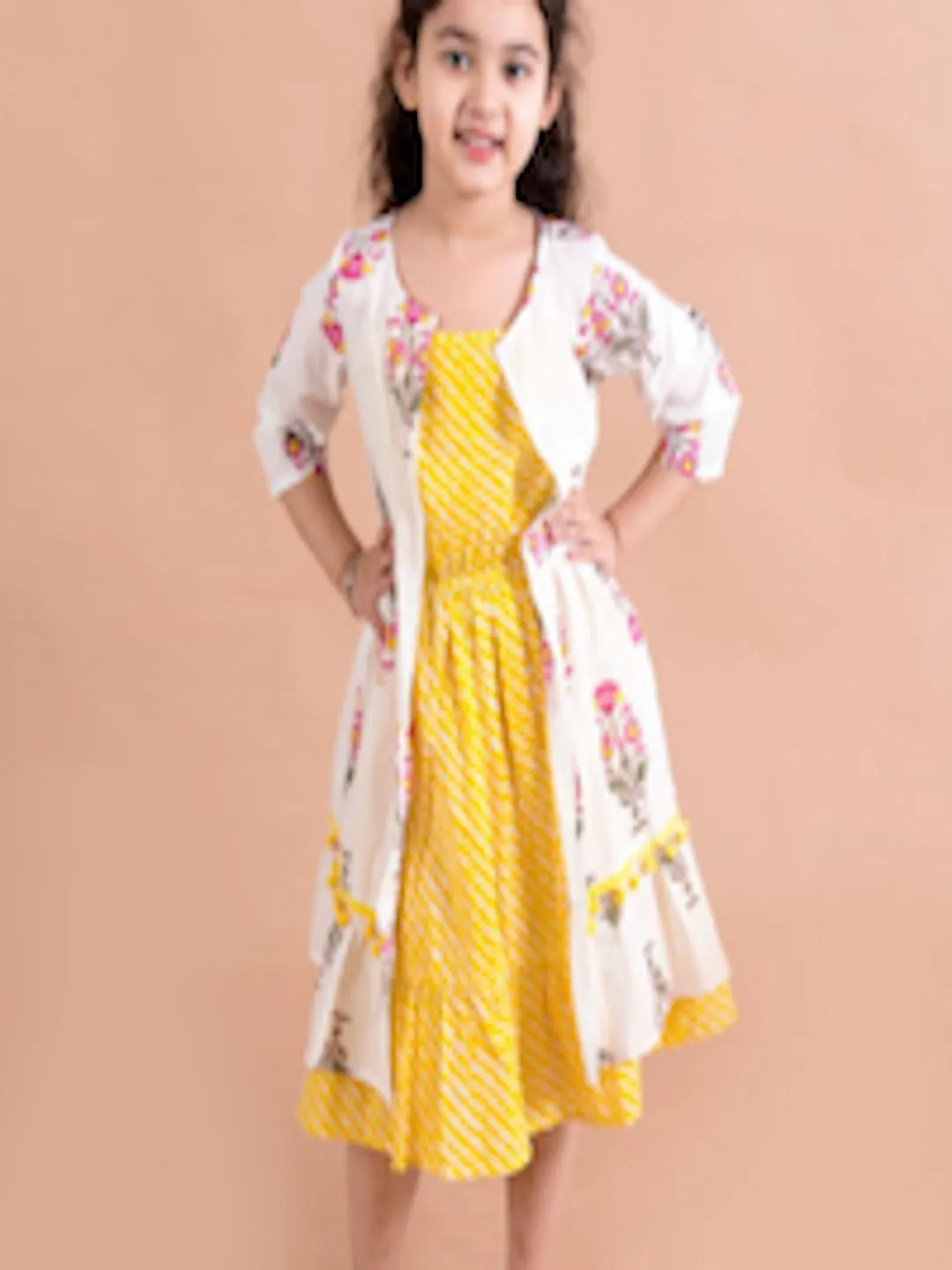 Girls Yellow Striped Cotton Midi Dress With Printed Shrug