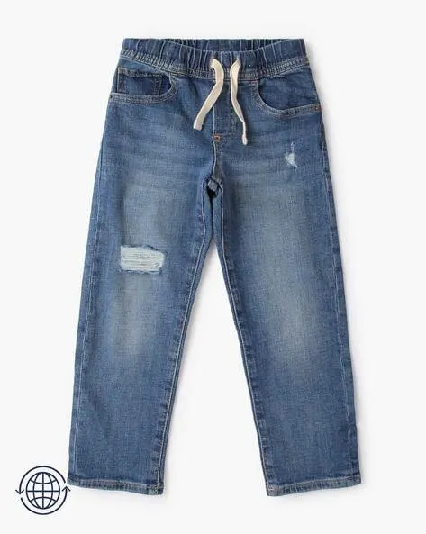 Mid-Wash Slim Fit Distressed Jeans