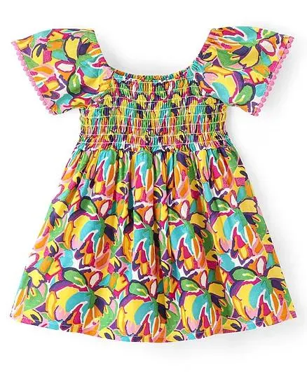 Babyhug Rayon Woven Half Sleeves Printed Frock With Smoky Detailing - Multicolour