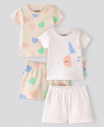 Bonfino 100% Cotton Knit Half Sleeves Night Suit Heart & Unicorn Print Pack Of 2 - Lightt Pink & Ivory