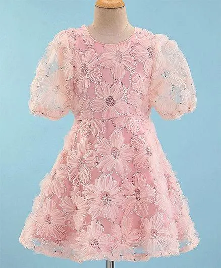 Pine Kids Half Sleeves Embroidered Knee Length Party Wear Dress with Sequins - Light Pink