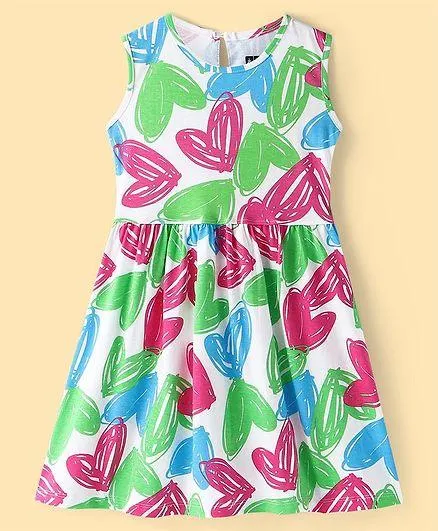 Pine Kids Cotton Knit Sleeveless Frock with Heart Print - White