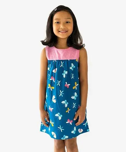 Campana Sleeveless All Over Butterflies Printed A Line Dress - Navy Blue & Pink