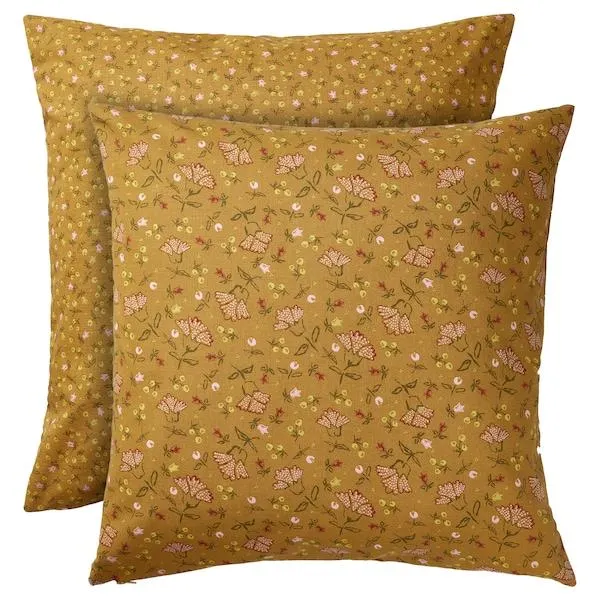 Cushion cover, dark yellow/floral pattern,