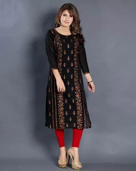 Embroidered Round-Neck Straight Kurti