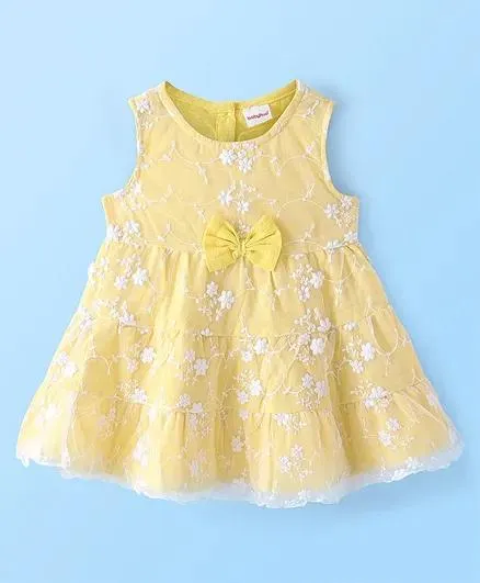 Babyhug Chambray Woven Sleeveless Floral Embroidered & Bow Detailing Frock - Yellow