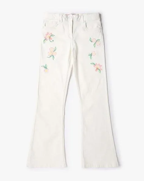 Girls Embroidered Slim Fit Flared Jeans