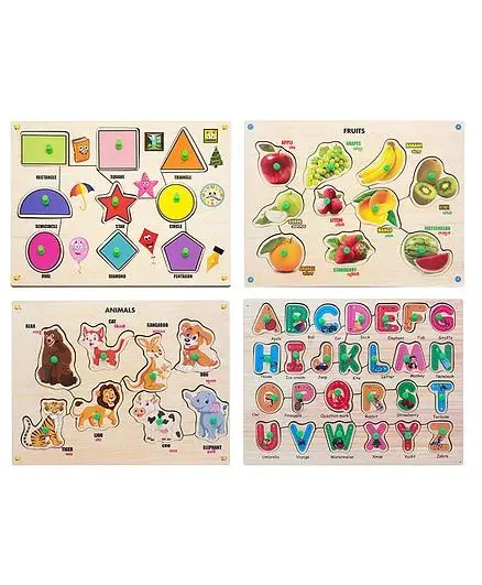 MINDMAKER Wooden Puzzle with Knobs Educational and Learning Toy Shapes Fruit Animal & Alphabet - 53 Pieces