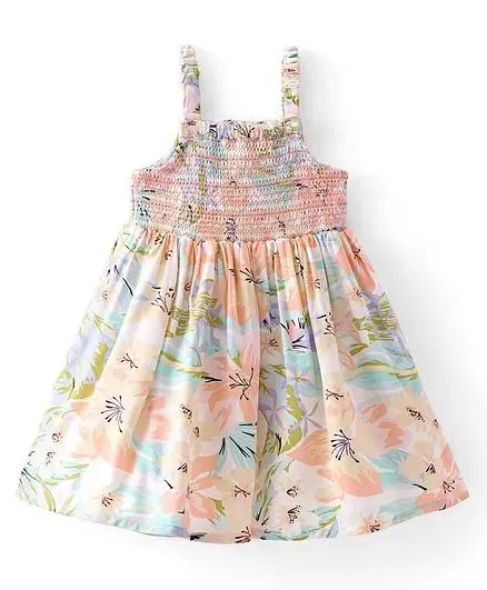 Babyhug Rayon Sleeveless Smocking Frock Floral Print - White