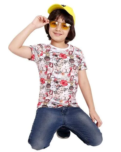 Boys Floral Print Regular Fit Round-Neck T-Shirt