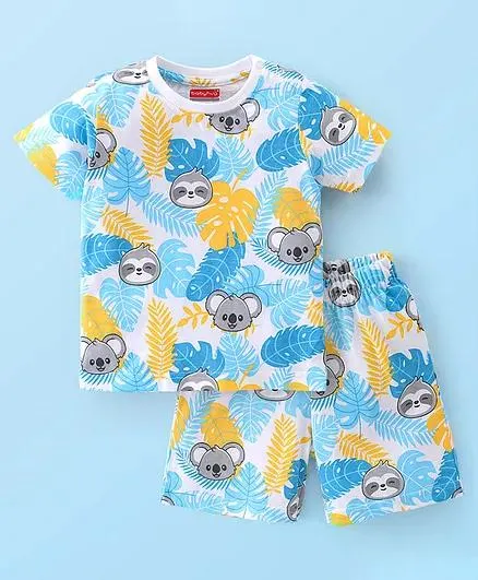 Babyhug Cotton Knit Single Jersey Half Sleeves Night Suit With Koala Print - White Yellow & Blue