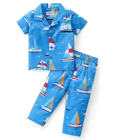 Babyhug Woven Half Sleeves Night Suit Boat Print - Blue