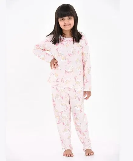 Mackly Full Sleeves Ruffle Neck Detail All Over Unicorn Print Coordinated Tee & Lounge Pants Set - Pink