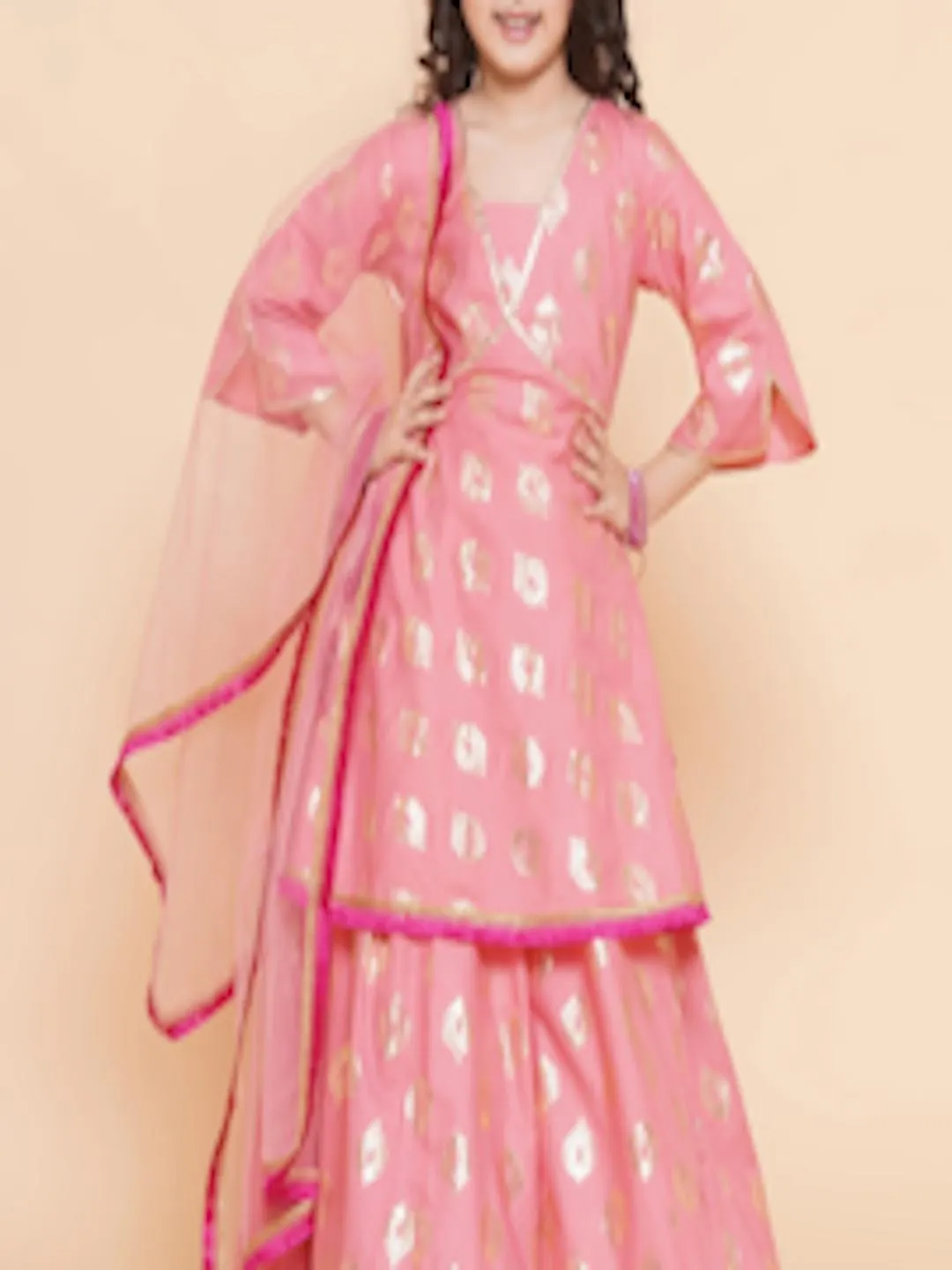 Girls Foil Printed V-Neck Lehenga & Blouse With Dupatta