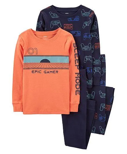 Carter's Cotton Knit Full Sleeves Night Suit Games Print Pack of 2 - Orange & Navy