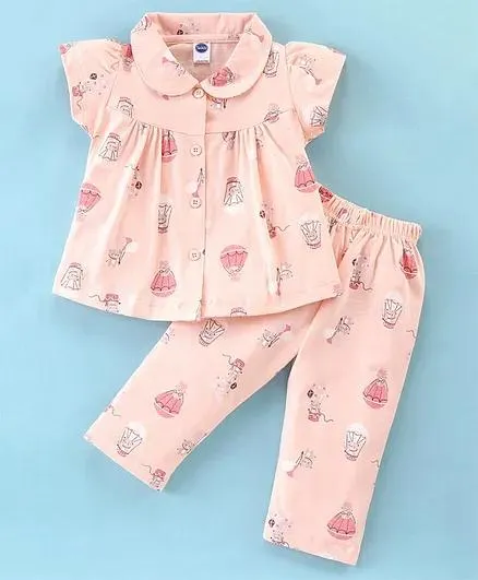Teddy Sinker Knit Half Sleeves Night Suit Bear Print - Peach