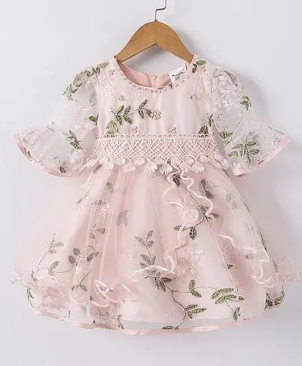Kookie Kids Three Fourth Bell Sleeves Party Dress with Lace & Pearl Detailing - Pink