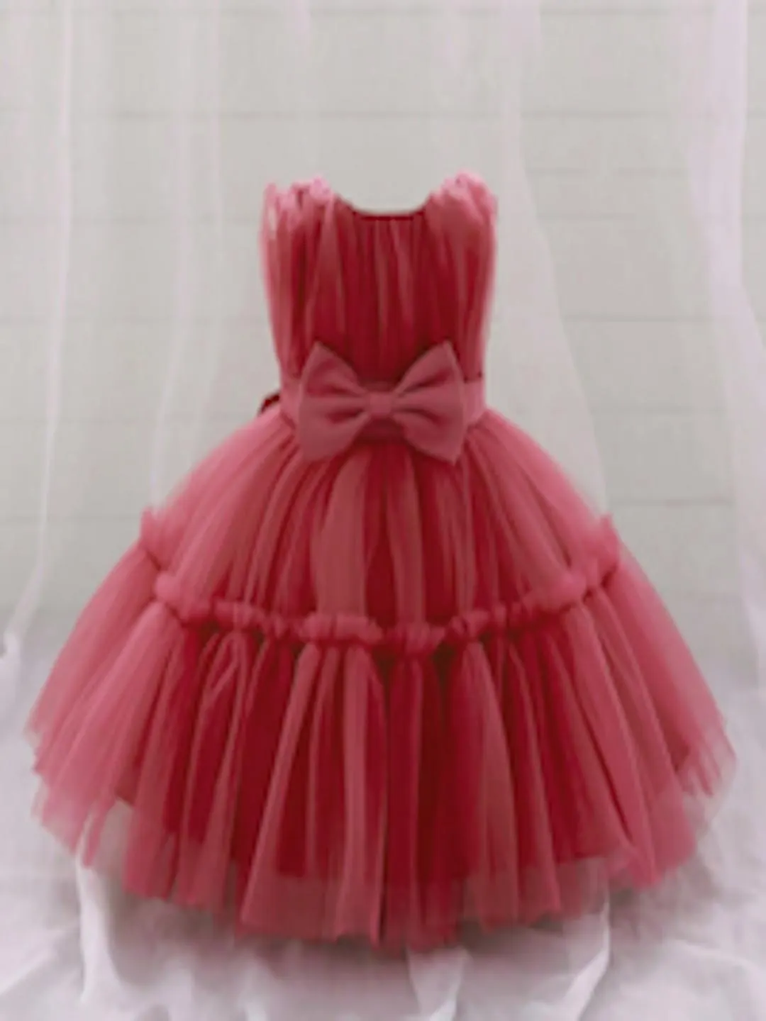 Girls Round Neck Bow Tiered Net Fit & Flare Dress